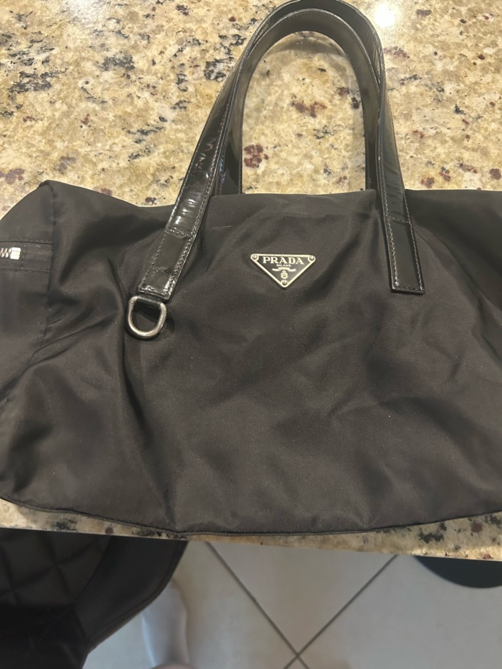 Prada Black Nylon Messenger Tote with Patent Leather Trim